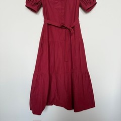 Derek Lam Alexandra Red Puff Sleeve Midi Dress | Size 4 | Tiered Button Front
