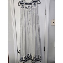 Navy White Polka Dot Embroidered Midi Dress XL Sleeveles Nautical Coastal