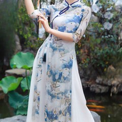Lady Dancing Cheongsam Dress Chinese Floral Dancewear Stage Ethnic Retro Dress