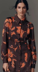 NWT Anthropologie Exquise Long-Sleeve Brown Orange Satin Shirt Dress Size XXS!!