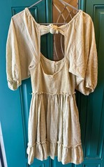 Free People Summer Picnic Mini Dress Smocked Back Tie Puff Sleeve Yellow XS