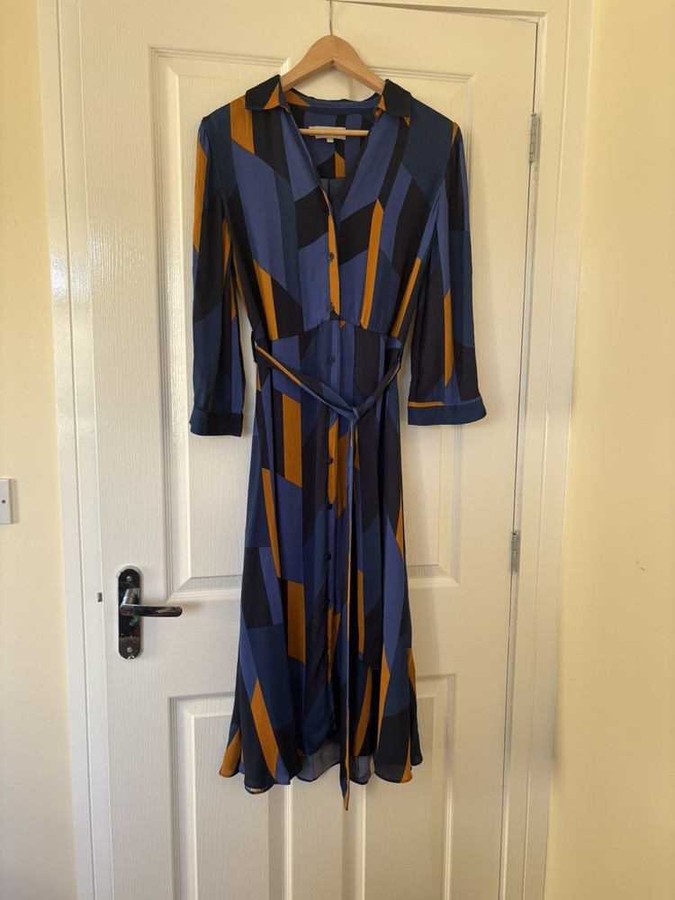 Hobbs Dalia Shirt Dress Midi Belted Navy Orange Geometric Print – UK Size 12