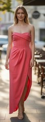 Main Strip Women’s S Pink Solid Strapless Sweetheart Maxi Dress Long Side Slit