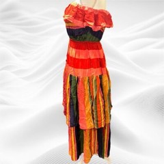 FARM Rio Strapless Tiered Midi Dress Small Red Pink Blue Green Tropical