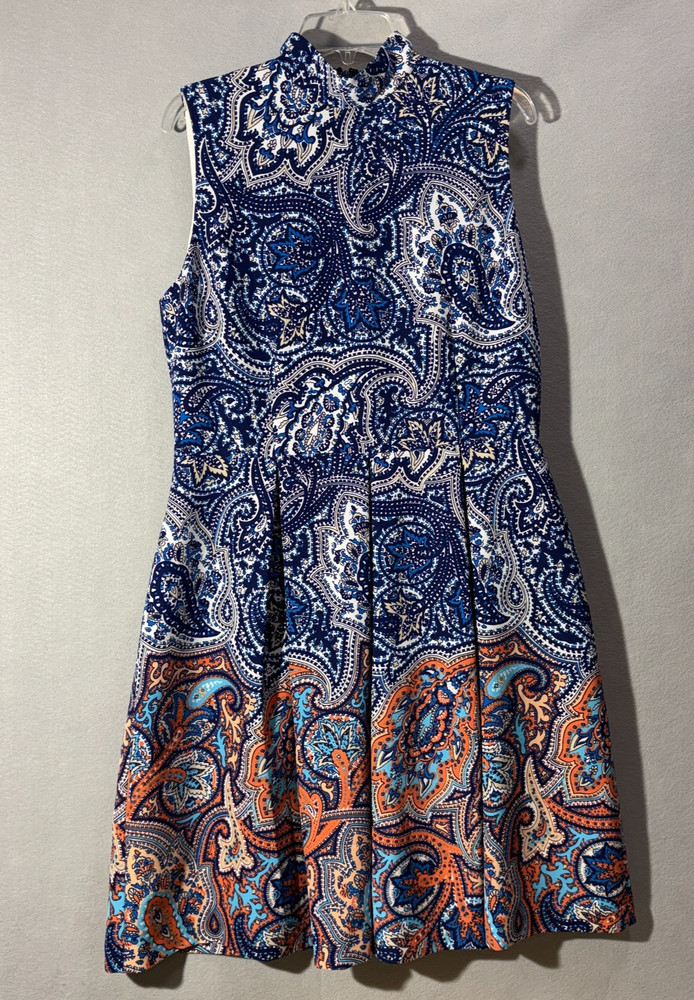 Antonio Melani Womens 14 Paisley High Neck Dress Blue Orange Border Mock A Line