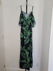 Women&rsquo;s 2X Navy Green Tropical Leaf Maxi Dress Cold Shoulder Side Slit Boho