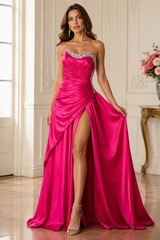 Mac Duggal Maxi Dress 6 M Hot Pink Satin Beaded Strapless Formal Gown Prom Glam