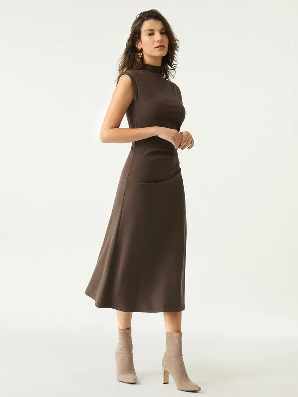 XS) NWT OGL Tucks Mockneck Midi Brown Ruched Cap Sleeve Dress