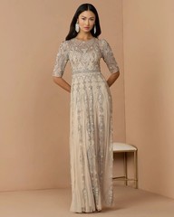 Mac Duggal 10115 3/4 Sleeve Embellished Pearl A-line Gown Beige Size 8 NWT $1798