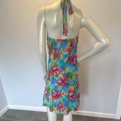 Two Palms Blue Hibiscus Floral V-Neck Halter Sundress Knee Rayon L