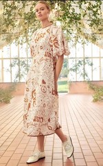 ZIMMERMANN Dress Graffiti Midi Size 0P AU 6 US 2 Linen Party Event Puff Sleeve