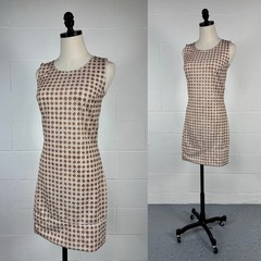 Vintage 60s Brown Polyester Knit Mini Shift Dress Allover Tile Print Mod Go-Go 4