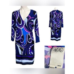 Ali Ro dress sz 12 Blue multicolor Paisley V-Neck shift knee length office retro