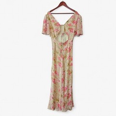 ASTR Tie Back Flutter Sleeve Open Back Cut Out Midi Dress in Lime Pink Floral L