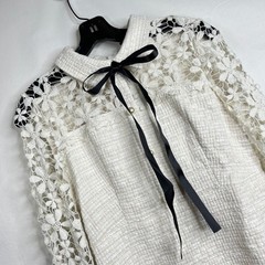 Cream Tweed Lace Sleeve Dress L Mini Bow Pearl Button Clueless Girly Coquette