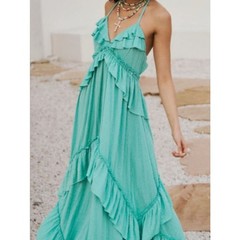 Whimsical Seafoam Green Bohemian Tie-Back Maxi Dress Size S M L XL