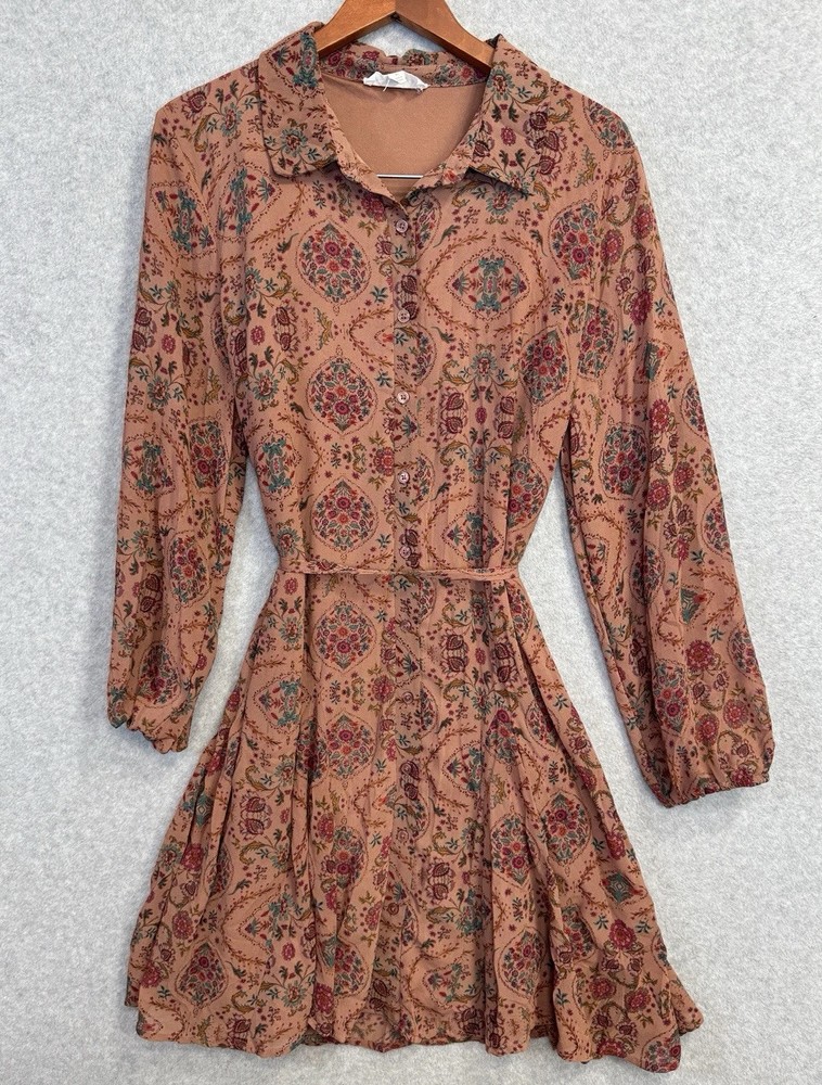 Lucky Brand XL Boho Peasant Dress Copper Floral Button Front Belted Flowy EUC