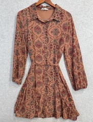 Lucky Brand XL Boho Peasant Dress Copper Floral Button Front Belted Flowy EUC