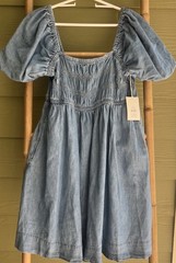Free Assembly Size L Puff Sleeve Peasant Cotton Mini Dress Light wash NEW