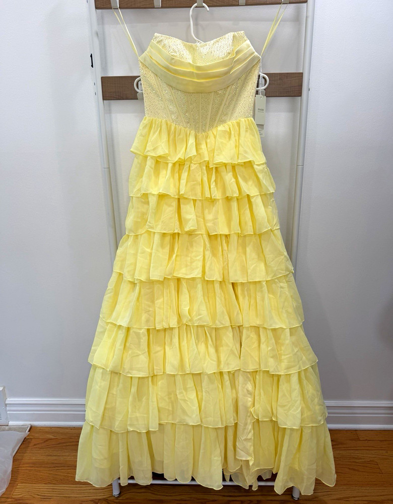 Stacees Yellow Strapless Ruffle Sequin Chiffon Long Gown Corset Lined US 0