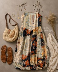 NWT Tulip Recreations Cotton Patchwork Balloon Hem Midi Sundress Size M