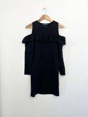 Zara Mini Dress Size M UK 10 Black Cold Shoulder Frill Long Sleeve Stretch