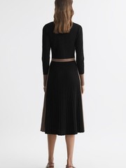 REISS Mia Knitted Colourblock Pleated Midi Dress in Black/Camel Size S (UK 8/10)