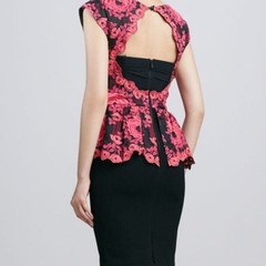 Alice + Olivia Black Pink Floral Embroidered Peplum Open Back Sheath Dress 6
