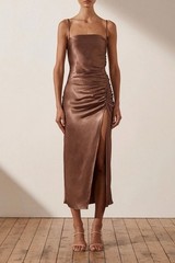 SHONA JOY Lily Bias Ruched Square Neck Dress with Slit Sz 4 Clove