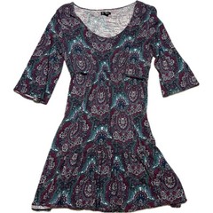 Lucky Brand Womens XL Paisley Cotton Mini Dress 3/4 Bell Sleeve Boho Plum Teal