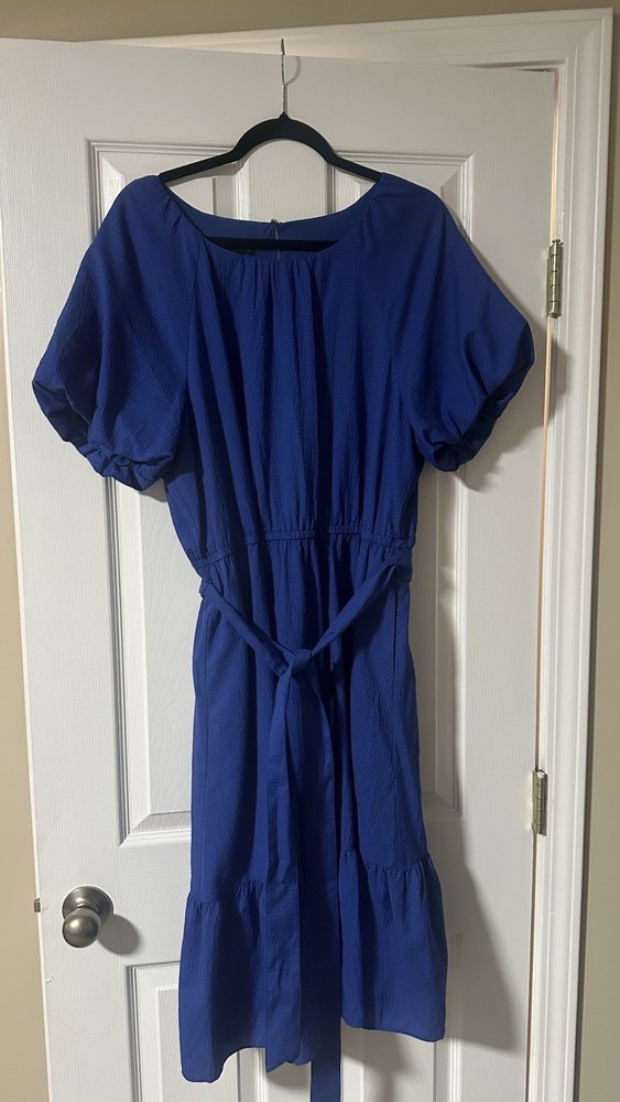 Talbots Blue Solid A-Line Knee Dress Belted Tie Waist Round Neck XL Zip