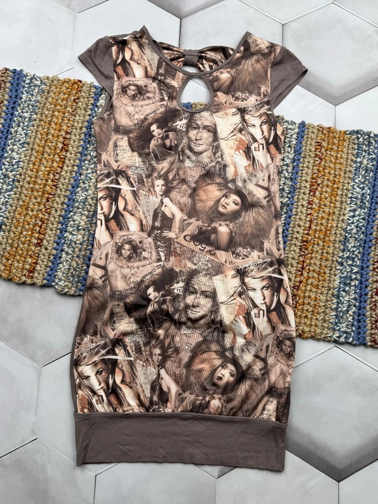 Y2K Women&rsquo;s Brown Photo Graphic Bodycon Dress Cap Sleeve Keyhole Clubwear