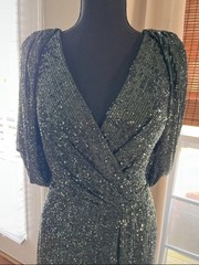 Green Sequin V-Neck Maxi Dress Half Sleeve Slit Zip Polyester Size 12