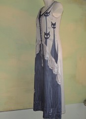S Novelty Cat Print Midi Dress Mid-Century Modern Long Neck Cats Lagenlook Boho