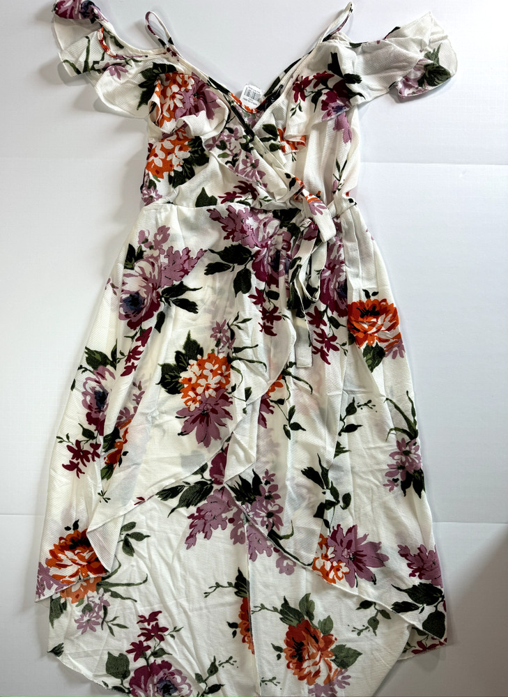 New Look Floral Wrap Dress Womens Size L Cream Ruffle Off Shoulder NWT