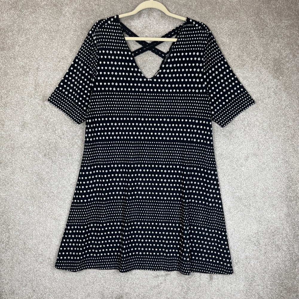 Chico’s Dress Womens 3 Black White Dot Short Sleeve Stretch Pullover- 3364*