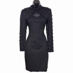 VINTAGE 80s 90s BLACK BODYCON KNIT DRESS RETRO BEADED SEXY BY ET AL SIZE 4 *FLAW