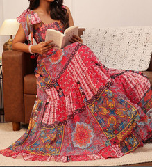 Women Print with Pom-Pom Detail Georgette Fit & Flare Maxi Dress