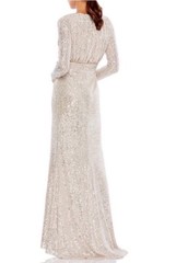 Ieena for Mac Duggal 16 Beige Sequin Mesh V-Neck Long Sleeve Lined Zip Gown