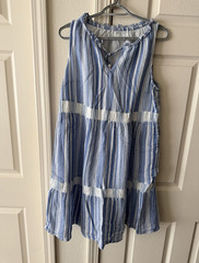 J. Jill Blue/White Striped Sleeveless V-Neck Smocked Tassel Dress Size S