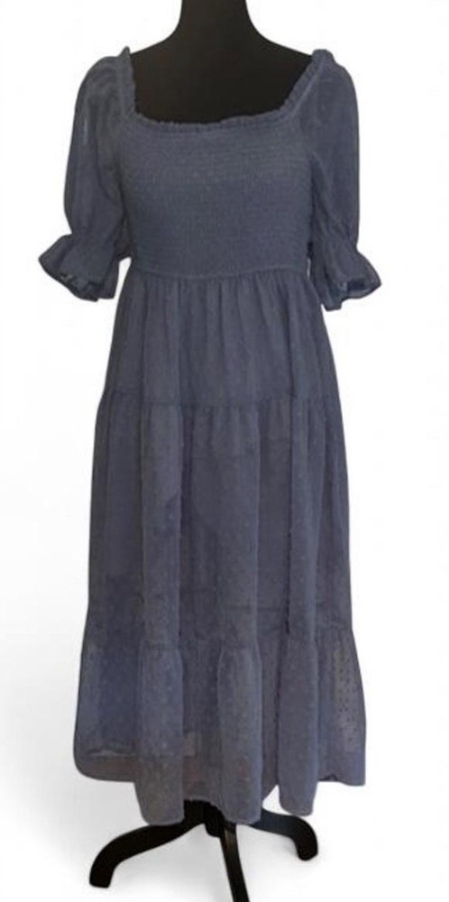 MEROKEETY Blue Solid Square Neck Smocked Belted Puff Sleeve Midi Dress S