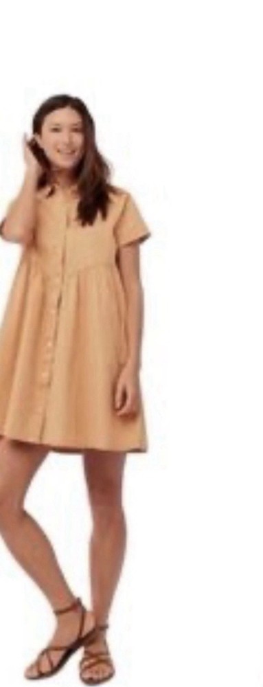 Pact Organic Cotton Woven Shirt Dress Pockets Button Front Tan Short Sleeve M
