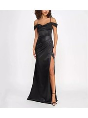 B DARLIN Womens Gown Dress Black Short Sleeve Boned Bodice High Slit Juniors 12