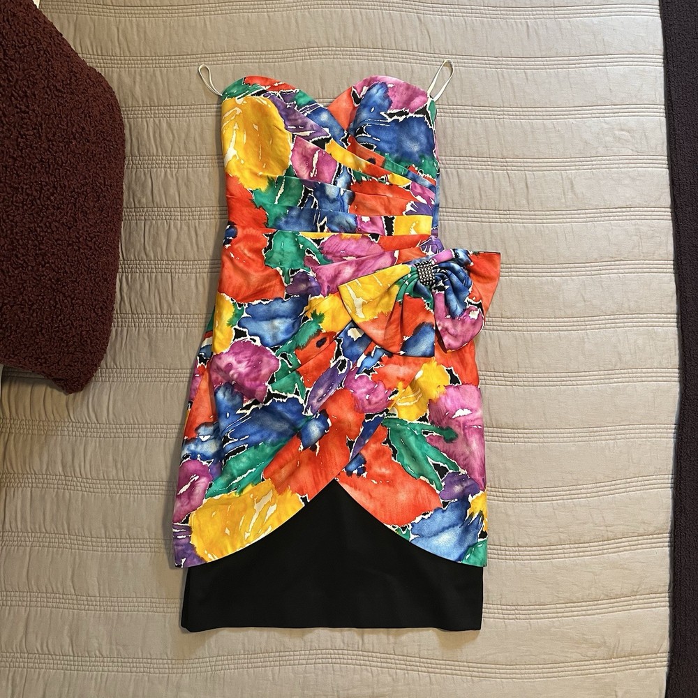A.J. Bari Strapless Multicolor Floral Dress Vintage 90’s Cocktail Party Size 4