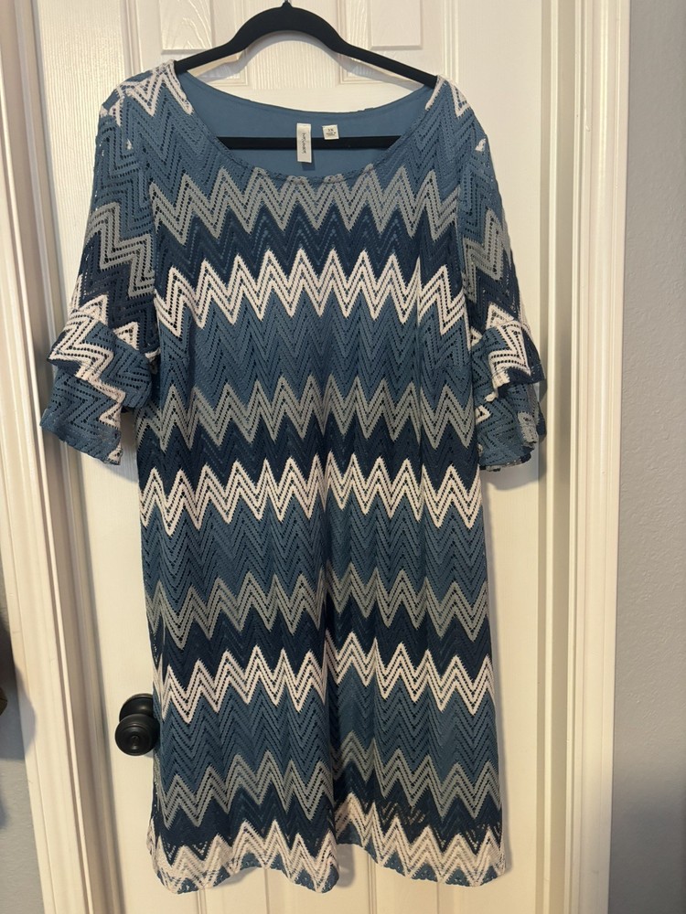 Tacera Women&rsquo;s A-Line Chevron Crochet Dress Size 3X Blue White Preppy Hippy