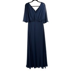 After Six Midnight Navy V-Neck Split Sleeve Blouson Maxi Dress Gown 14R NWT