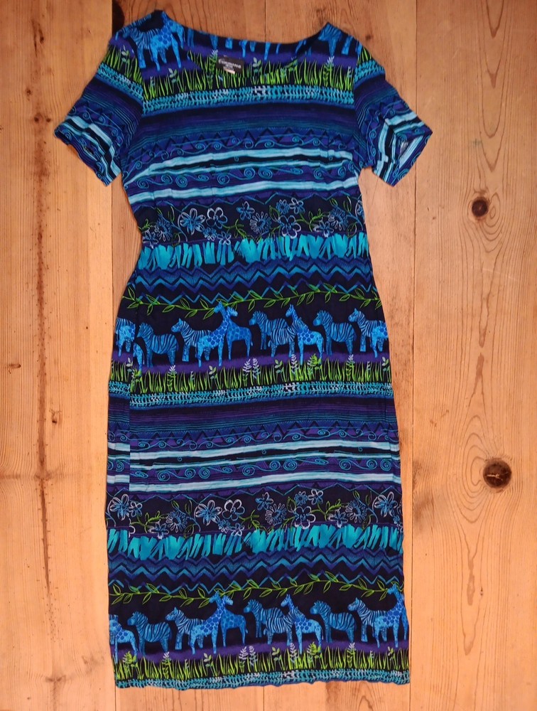 Vtg 90s Cimmaron Midi Dress Womens XL Floral Safari Animals Tie Back Boho Rayon