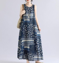 Women&rsquo;s Dark Blue Retro Floral Printed Sleeveless Long Loose Fit Dress Bohemian