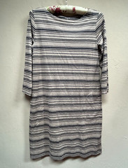 Garnet Hill Womens Size 4 Boat Neck Organic Cotton Striped Shift Dress Tan/Navy