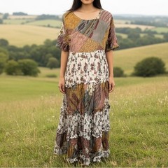 Vtg Jakelin Patchwork Maxi Dress Multi Color Boho Tiered Unsized Peasant FLAW